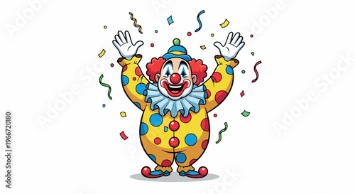 A cheerful clown in a colorful costume with confetti and ribbons, celebrating with raised hands against a plain white background.