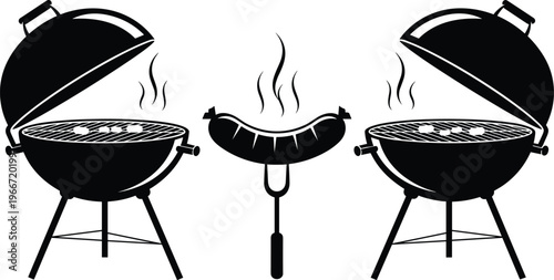 Black‑and‑white illustration of two charcoal grills with open lids and sausage on fork, cooking with smoke and heat lines, symbolizing barbecue, outdoor food preparation, and grilling.