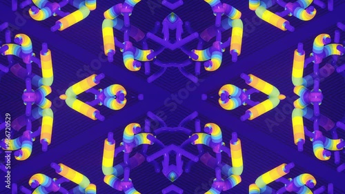 Hypnotic 3D animation with mirror symmetry. Vibrant rainbow nodes smoothly transform on a dark blue graphic background. Seamless loop in digital abstraction and hi-tech style