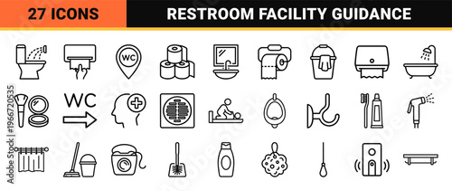 Public Restroom and Personal Hygiene Minimalist Monoline Geometric Line Art for Wayfinding and Sanitary Guidance Signage.
