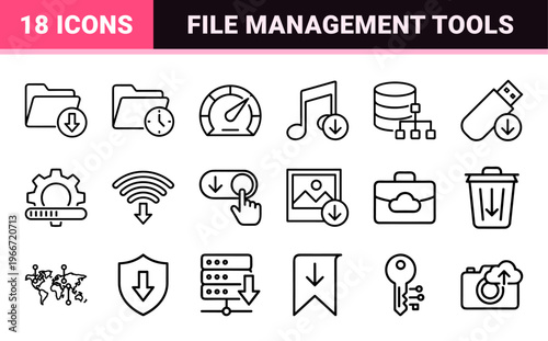 Minimalist Monoline Data Transfer and Cloud Storage Icons, Geometric Line Art for Digital File Management and Network Synchronization.