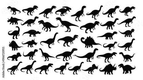 A diverse collection of dinosaur silhouettes in various poses and species creating a prehistoric scene silhouette high quality professional detailed modern
