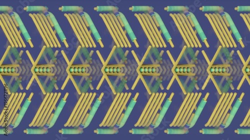 Futuristic 3D animation. An infinite conveyor of neon lemon and light blue tubes moving smoothly in a seamless loop. Linear abstract background for tech design and media