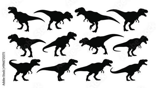 A collection of twelve tyrannosaurus rex dinosaurs in various poses depicted as stark black shapes silhouette high quality professional detailed modern
