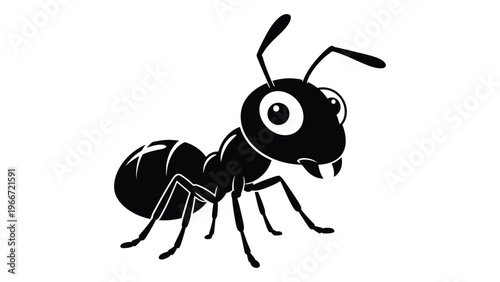 A charming black silhouette of an ant with large eyes and antennae depicting a whimsical insect illustration silhouette high quality professional
