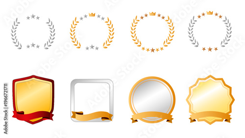 高級感のある受賞・No1・アニバーサリーフレームセット｜月桂樹・星・リボン装飾バッジ・ベクター：メダル・フレームセットB_05