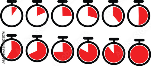 Stopwatch Timing Icons Set – Clock Timer Icons Featuring Various Countdown Intervals. Vector Collection of Stopwatch Clocks with Different Time Segments.