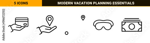 Minimalist Monoline Global Travel and Tourism Outline Symbols Featuring Transportation Navigation and Hospitality Geometric Line Art.