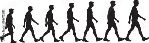Seven black silhouettes of a man walking left to right, showing progressive stages of motion, isolated on white background for animation, biomechanics, and design concepts.