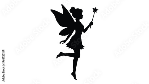 A whimsical depiction of a fairy in mid flight holding a sparkling wand presented as a striking silhouette high quality professional