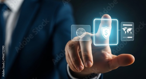 Close up of finger touching virtual interface with shield and globe icons