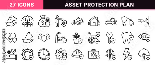 Professional Insurance and Risk Management Symbols featuring Minimalist Monoline Design for Financial Security and Asset Protection Coverage