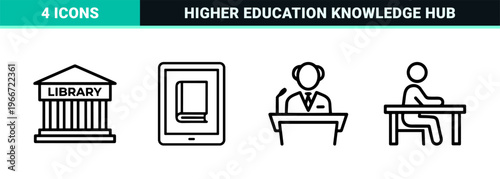 Minimalist Education and Academic Learning Line Art Grid; Geometric Monoline Symbols for School, University, and Digital Study Platforms.
