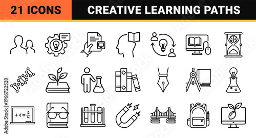 Cognitive Education and Intellectual Growth Minimalist Monoline Icon Set featuring Geometric Line Art for Research and Creative Learning