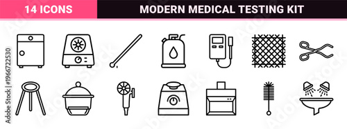 Laboratory Science Research Outline Icons Featuring Minimalist Geometric Line Art for Chemistry Biology and Clinical Medical Testing