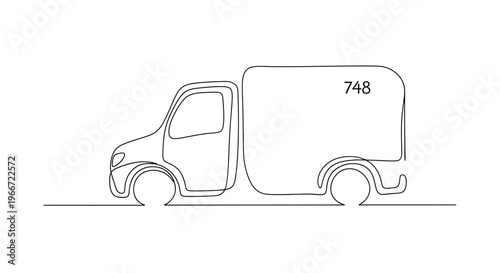 Minimalist continuous line drawing of a delivery truck with number 748 on its side.