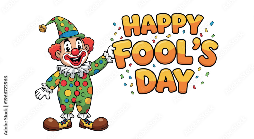 Fototapeta premium A colorful cartoon clown wearing a green and yellow polka-dot costume standing next to 'HAPPY FOOL'S DAY' text on a white background with confetti.