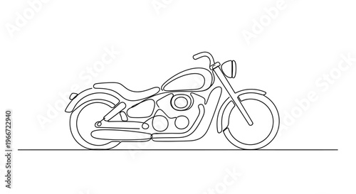 Minimalist Line Art Motorcycle Icon: Classic Cruiser Bike Outline on White Background