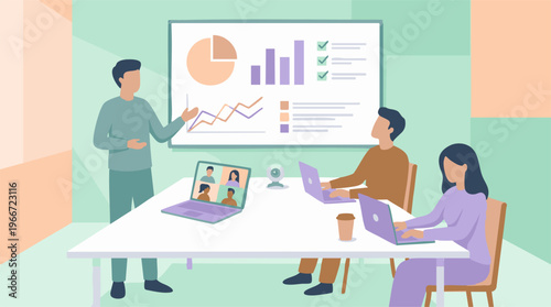 Business meeting with presenter, data analysis, and hybrid team collaboration