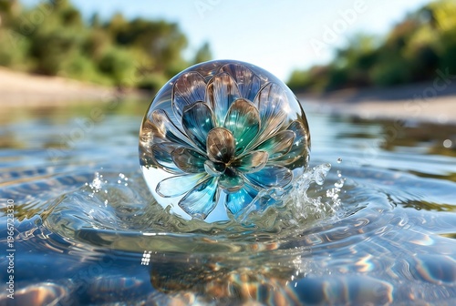 A glass orb with a flower design is splashing into water, reflecting the surrounding landscape. It’s set on a riverbank with trees and foliage in the background.
