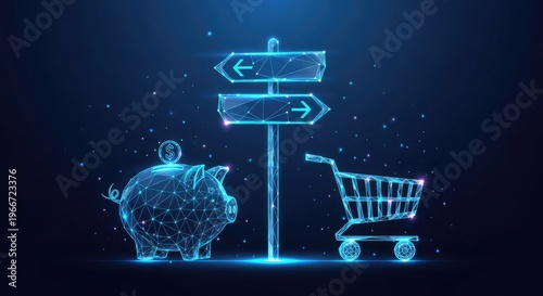 A glowing blue wireframe piggy bank, road sign, and shopping cart are displayed on a dark blue background.