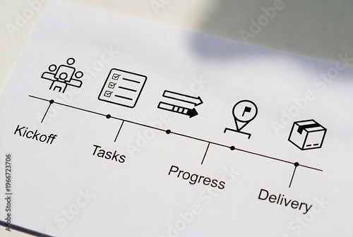 A Kanban board illustrating workflow stages: Kickoff, Tasks, Progress, and Delivery.