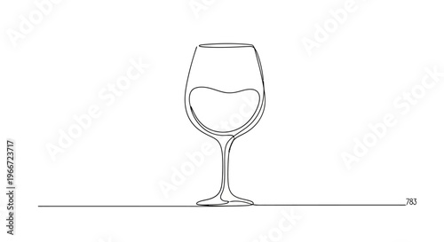 Minimalist continuous line drawing of a wine glass filled with red wine, isolated on white.