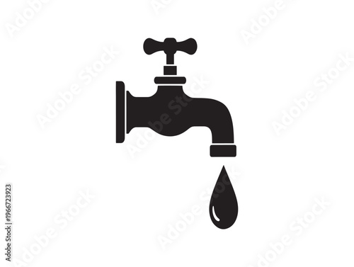 Water Faucet Icon, Leaking Tap Symbol, Black Plumbing Sign, Waterdrop Illustration isolated on White Background