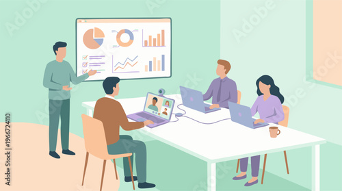 Business Team Presenting Data and Collaborating in a Hybrid Meeting