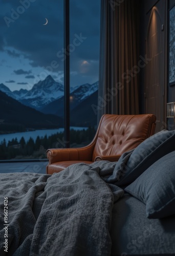 Cozy bedroom with armchair and plush blanket overlooking a serene mountain lake at dusk