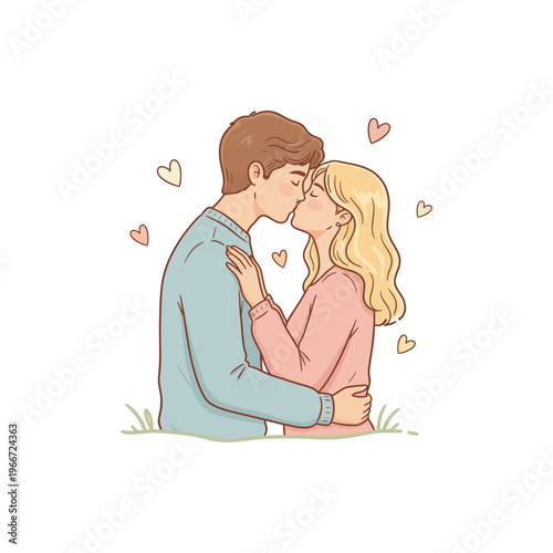 Cute cartoon illustration of a young couple kissing affectionately with small hearts floating around them, depicting love and romance.