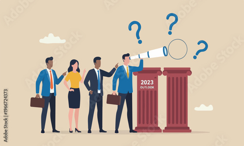 Year 2023 outlook, business opportunity new challenge ahead vision make decision move forward plan perspective concept, confidence team red pillar businessman through telescope year 2023