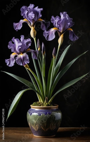 Elegant Purple Irises in a Decorative Pot on a Wooden Surface with a Dark Background