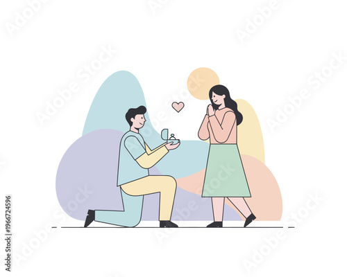 A man proposing marriage to a surprised woman with a ring box, surrounded by abstract pastel shapes and a floating heart.