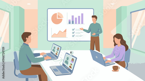 Business presentation with hybrid team collaboration and virtual meeting