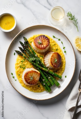 Gourmet Pan-Seared Scallops with Creamy Risotto and Fresh Green Asparagus, Elegantly Plated for a Fine Dining Experience