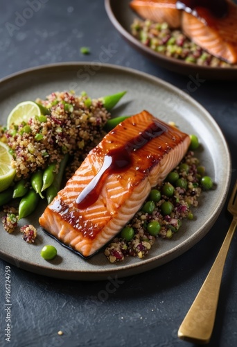 Delicious glazed salmon fillet served with fresh peas and quinoa on a plate