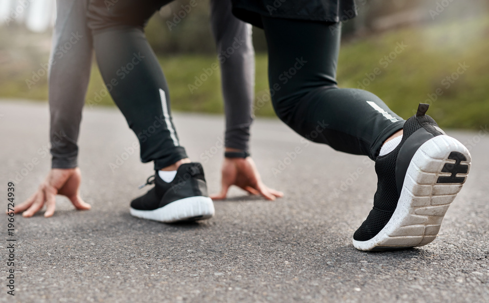 Fototapeta premium Fitness, starting position or sprinter on road with exercise, athletics or ready in performance routine. Begin, person or runner with go preparation, crouch or cardio activity in outdoor training.