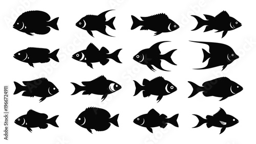 A collection of various fish depicted in a stark black design showcasing diverse aquatic life in silhouette high quality professional detailed