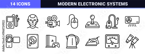 Consumer Electronics and Digital Hardware Thin Line Art Outline Icons for Modern Tech Interfaces and Product Specification Sheets.