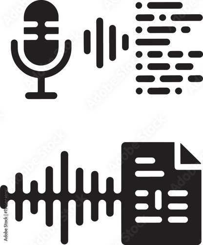 Microphone and sound wave with document transcription icon set
