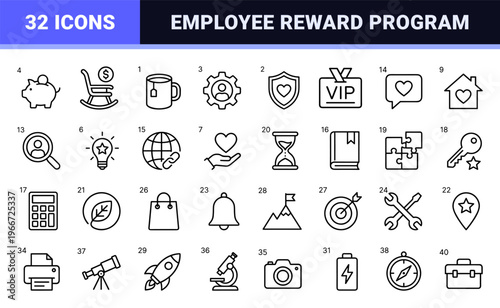 Human Resources Employee Benefit Outline Icons featuring Corporate Compensation Perks and Workplace Rewards in Minimalist Monoline Style