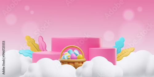 Easter eggs in basket and pink round podium stands, pedestal in clouds with colorful leaves 3D vector presentation