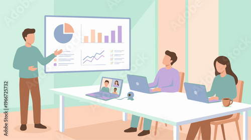 Business Meeting with Presentation, Data Charts, and Remote Collaboration