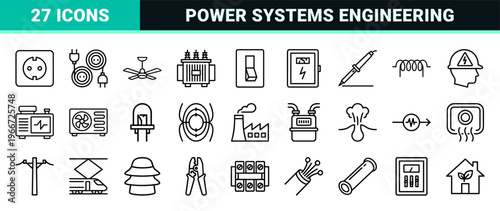Professional Electricity and Power Infrastructure Outline Icons featuring Minimalist Geometric Line Art for Commercial Engineering Use.