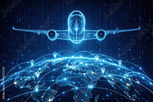 Digital airplane flying over globe with delivery and transportation routes showing loading points and van connections in network center