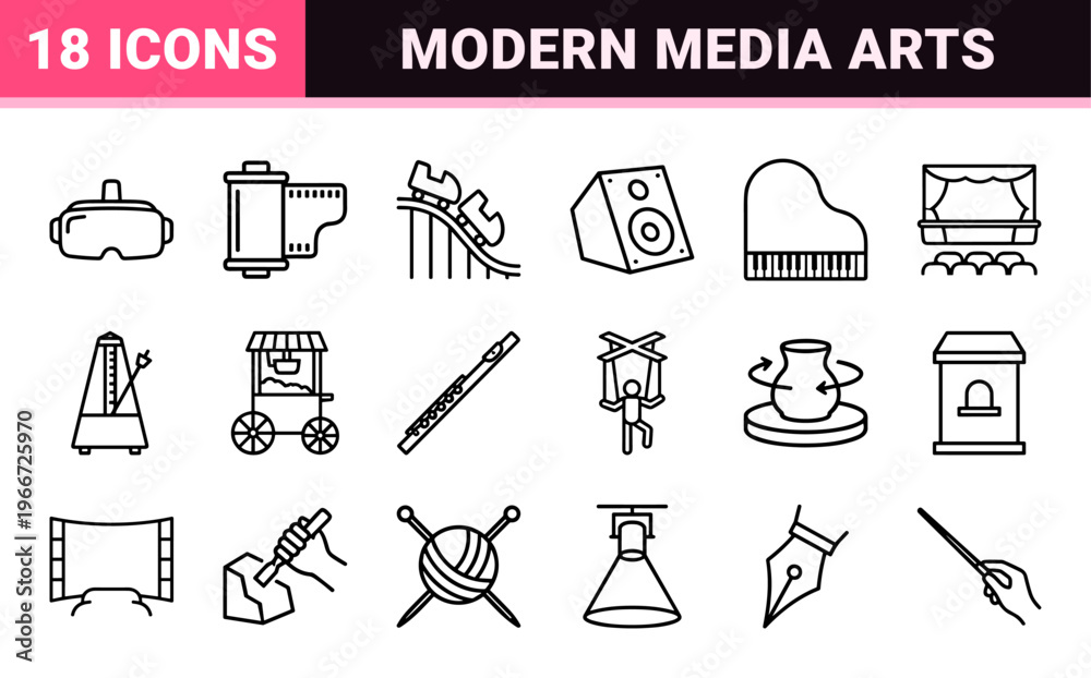 Fototapeta premium Entertainment and Performing Arts Minimalist Monoline Icon Set featuring Geometric Line Art for Cinema, Music, and Creative Hobbies.