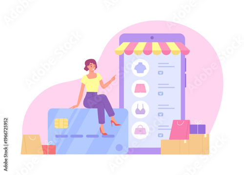 Woman uses credit card for online shopping app or website. Digital payment for online purchase. Concept of e-commerce, online shopping, payment method, lifestyle. Flat vector illustration.