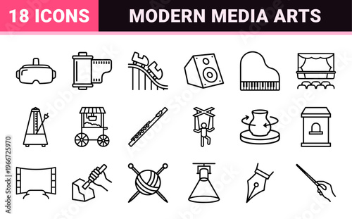 Entertainment and Performing Arts Minimalist Monoline Icon Set featuring Geometric Line Art for Cinema, Music, and Creative Hobbies.