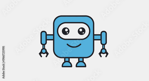 A cute blue robot with a smile holds robotic arms up in a playful stance.